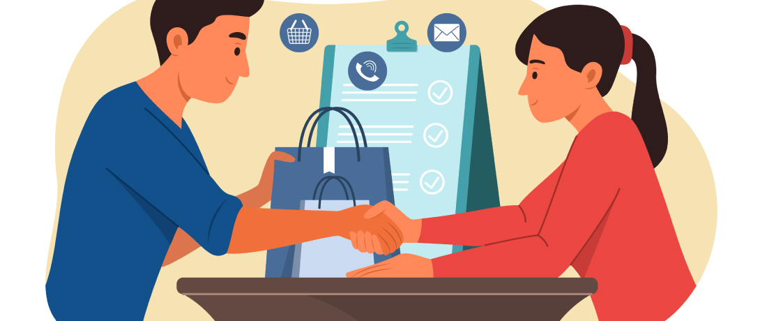 ilustração de um comprador e uma vendedora dando um aperto de mãos