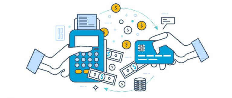 ilustração de uma mão segurando uma maquininha de cartão e outra mão segurando um cartão