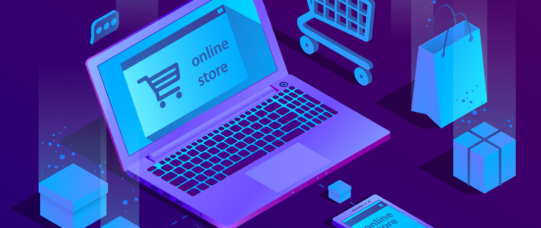 Ilustração de um notebook com elementos que representam loja online, como carrinho de compras, sacolas, caixas e celular.