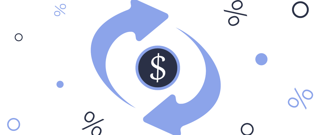 Ilustração de um cifrão, símbolos de porcentagem e setas de retorno