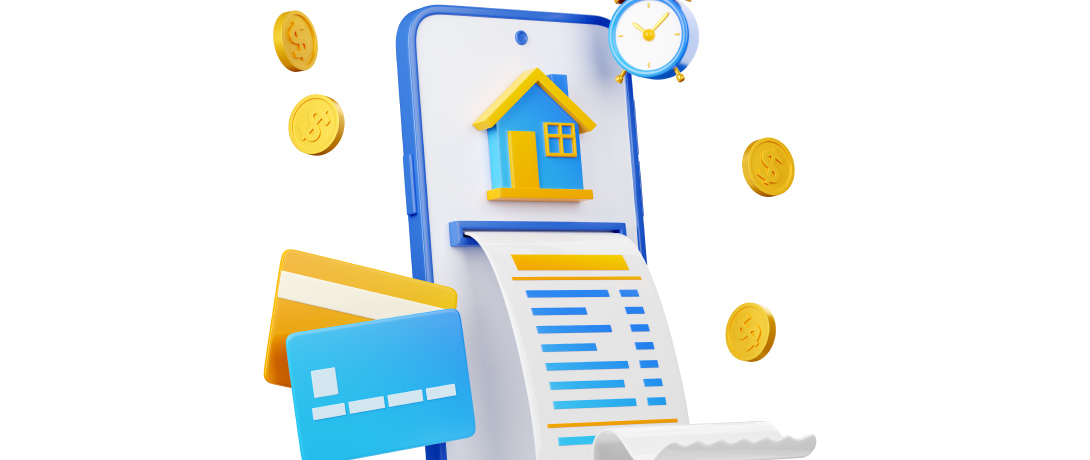 - Ilustração de um celular e símbolos financeiros, como extrato bancário, cartão de crédito e dinheiro.