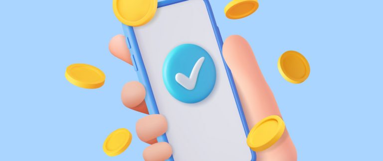 Ilustração 3D de uma mão segurando um smartphone com um ícone de confirmação na tela, cercado por moedas douradas.