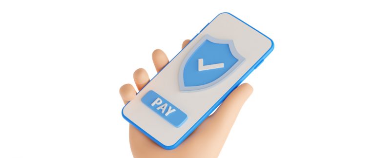 Ilustração 3D de uma mão segurando um smartphone com um botão de pagamento e um ícone de segurança na tela.