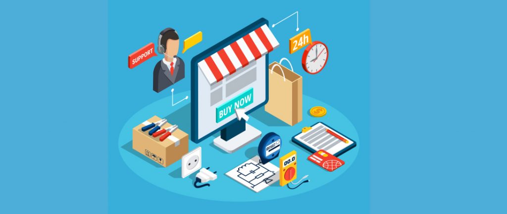 Ilustração representando um e-commerce, mostrando um monitor com uma loja online, botão 'Compre Agora', suporte ao cliente, itens para venda e símbolos de compra 24h.