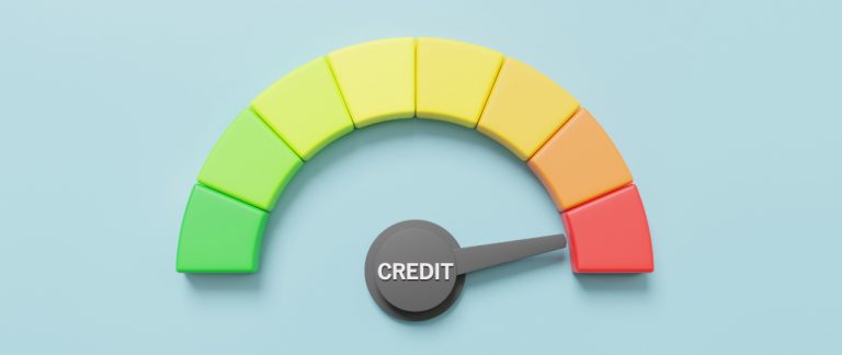 Ilustração de um medidor de crédito em formato semicircular com cores que vão do verde ao vermelho, indicando análise de crédito.