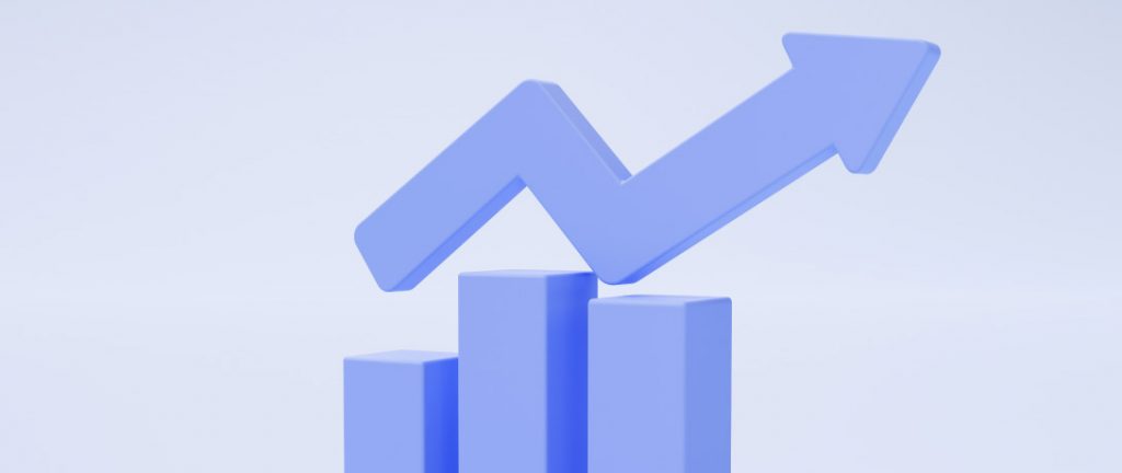 Gráfico de barras azul com seta crescente indicando aumento de desempenho ou crescimento de resultados.